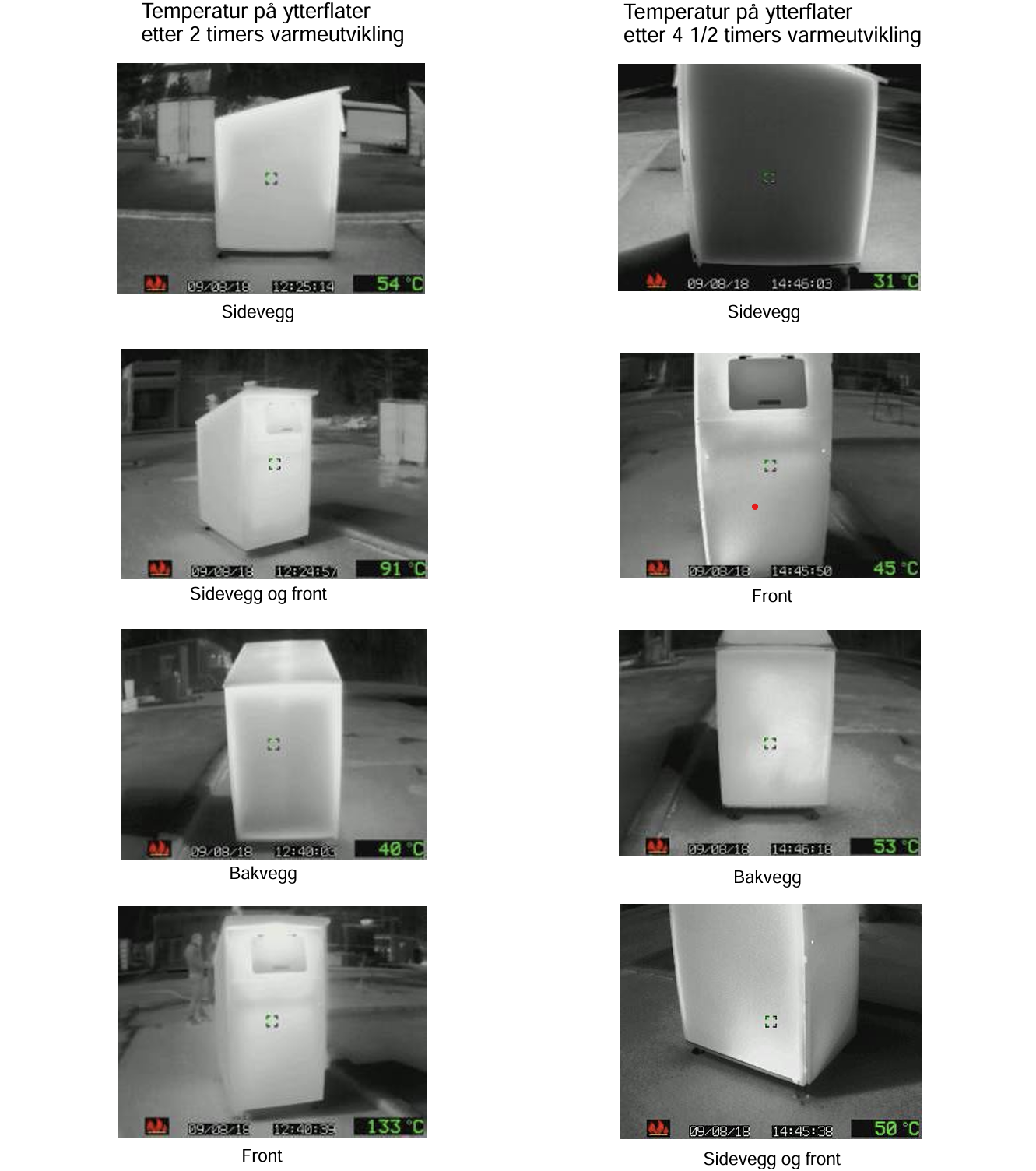 Termiske bilder av BM Skapets ytterflater etter to timer og fire og en halv timers varmeutvikling